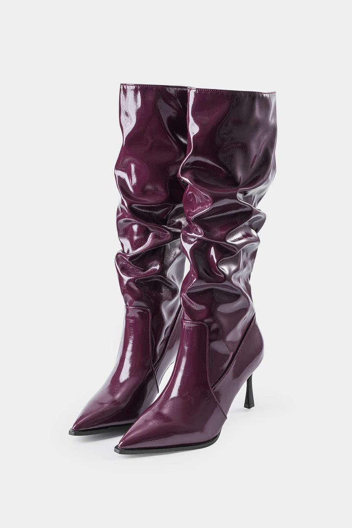 Pleated Faux Leather Pointed Toe Boots