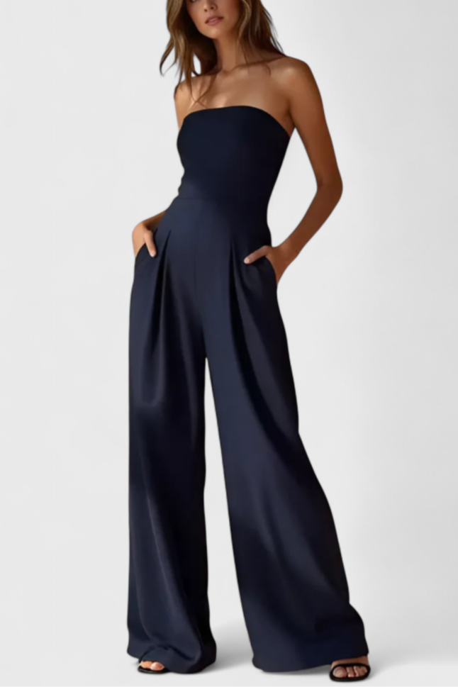 Structured Neckline Sleeveless Jumpsuit with Wide-Leg Pants by Llona