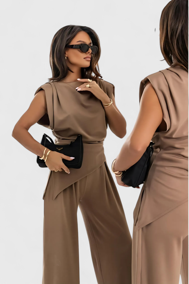 Sofia Asymmetrical Set with Draped Shoulders and Flared Pants