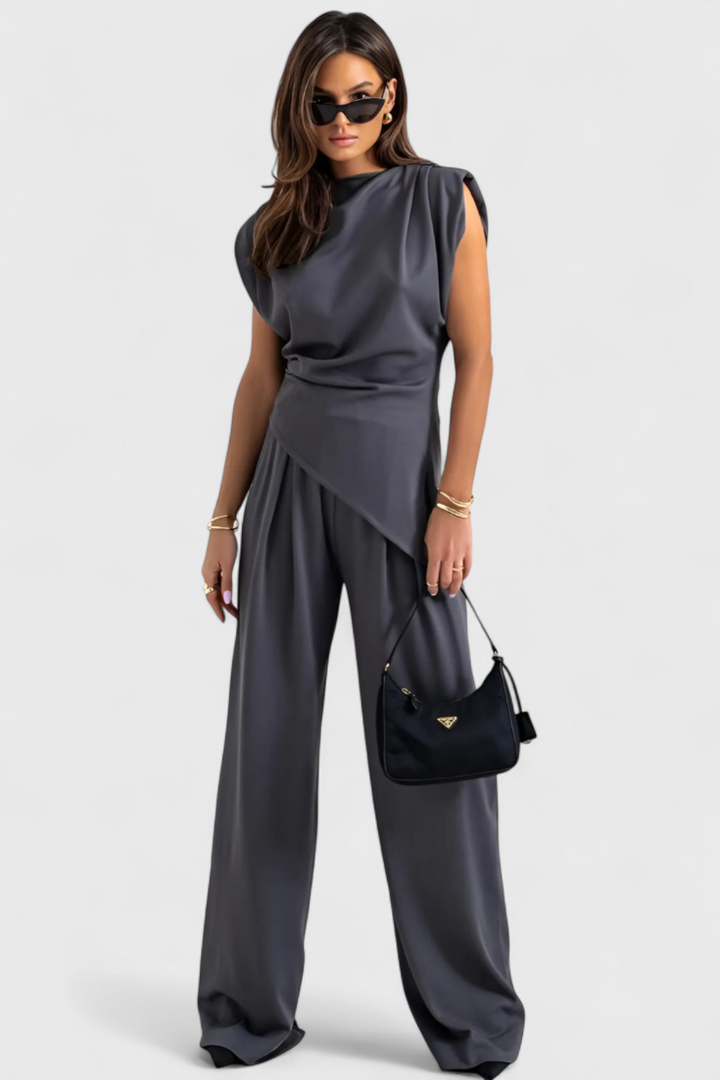 Sofia Asymmetrical Set with Draped Shoulders and Flared Pants