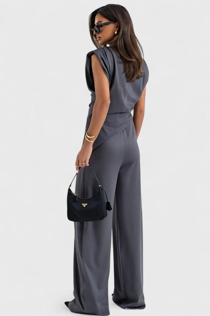 Sofia Asymmetrical Set with Draped Shoulders and Flared Pants