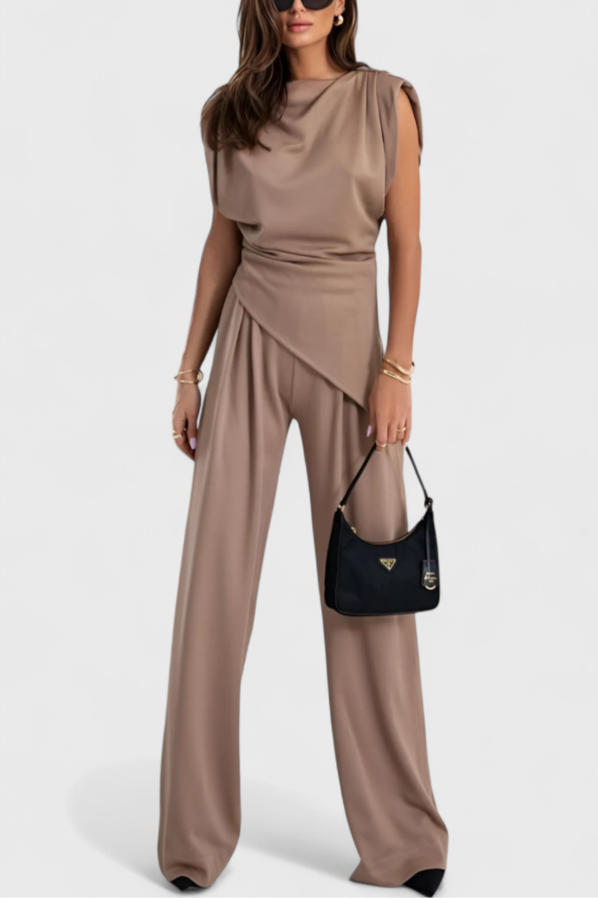 Sofia Asymmetrical Set with Draped Shoulders and Flared Pants