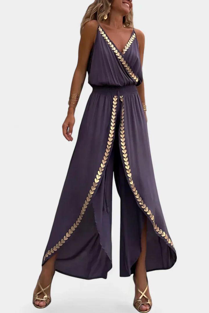Donatila Backless Jumpsuit Featuring Elegant Gold Accents
