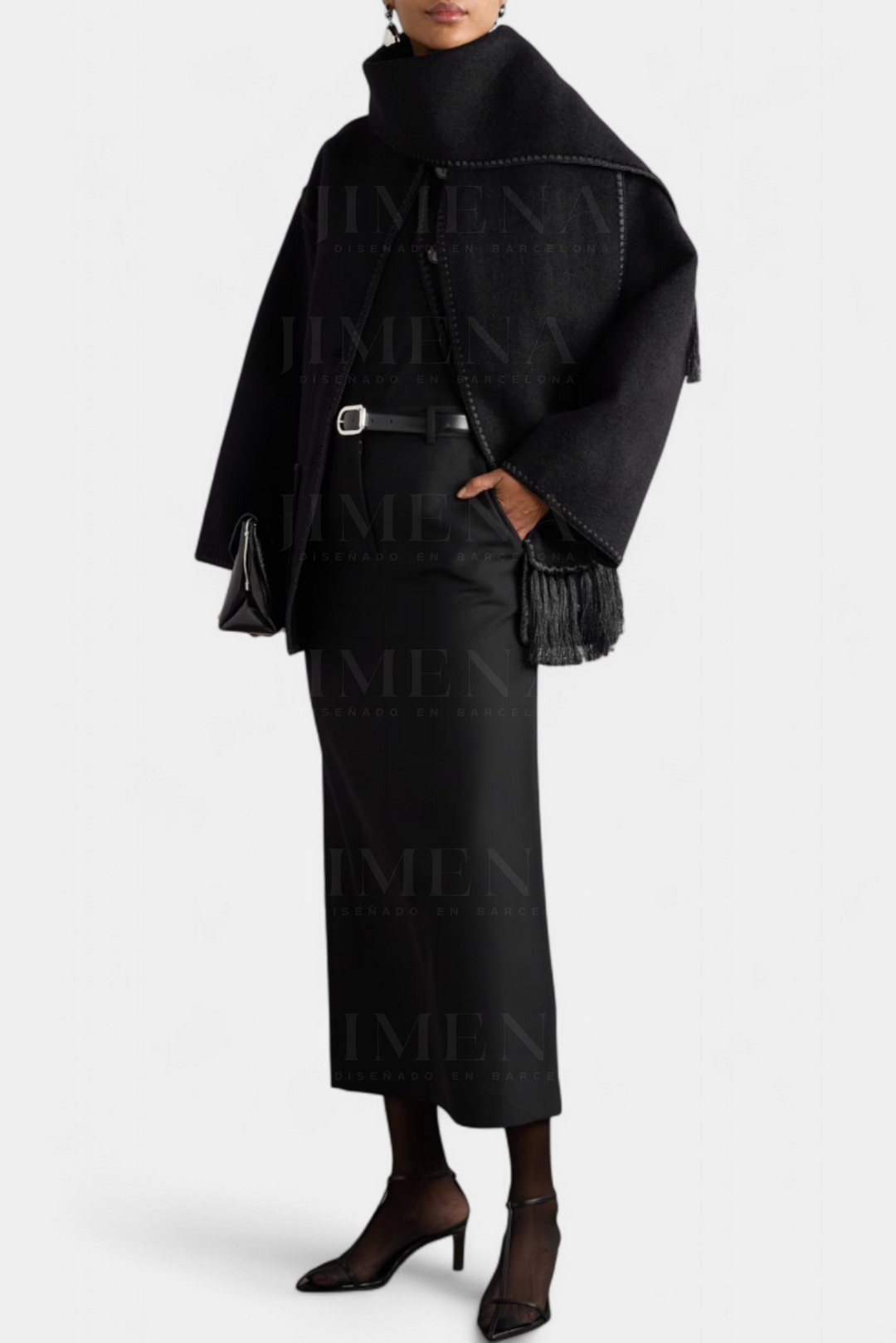 Pauline Coat Featuring Built-In Scarf and Flowing Design