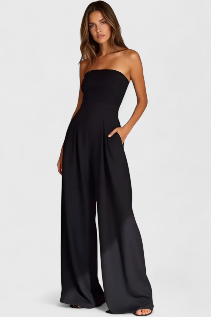 Structured Neckline Sleeveless Jumpsuit with Wide-Leg Pants by Llona