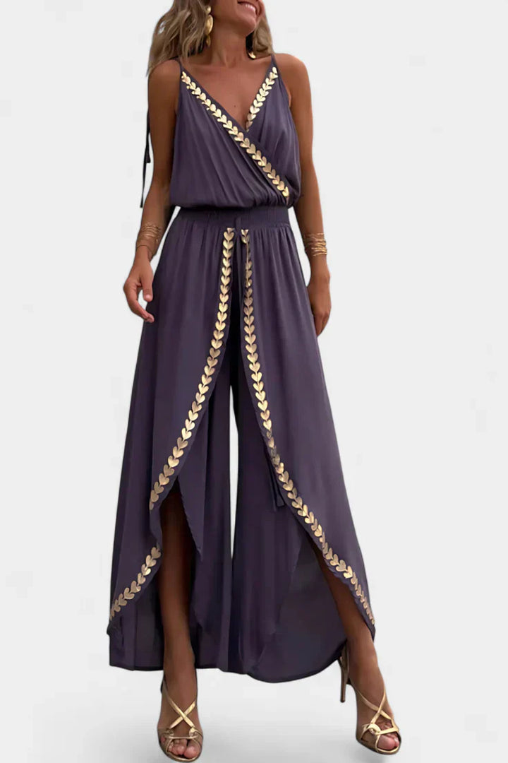 Donatila Backless Jumpsuit Featuring Elegant Gold Accents