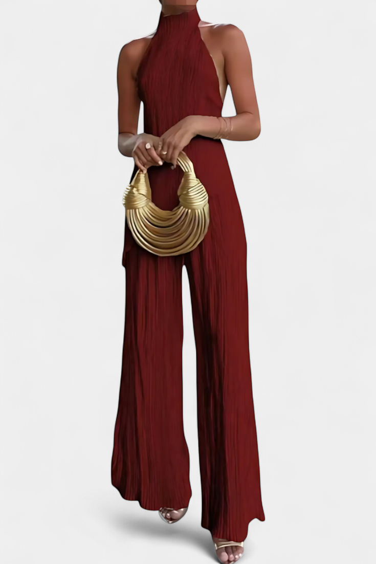 Pilarica Halter Neck Asymmetrical Top with Wide-Leg Pants Set