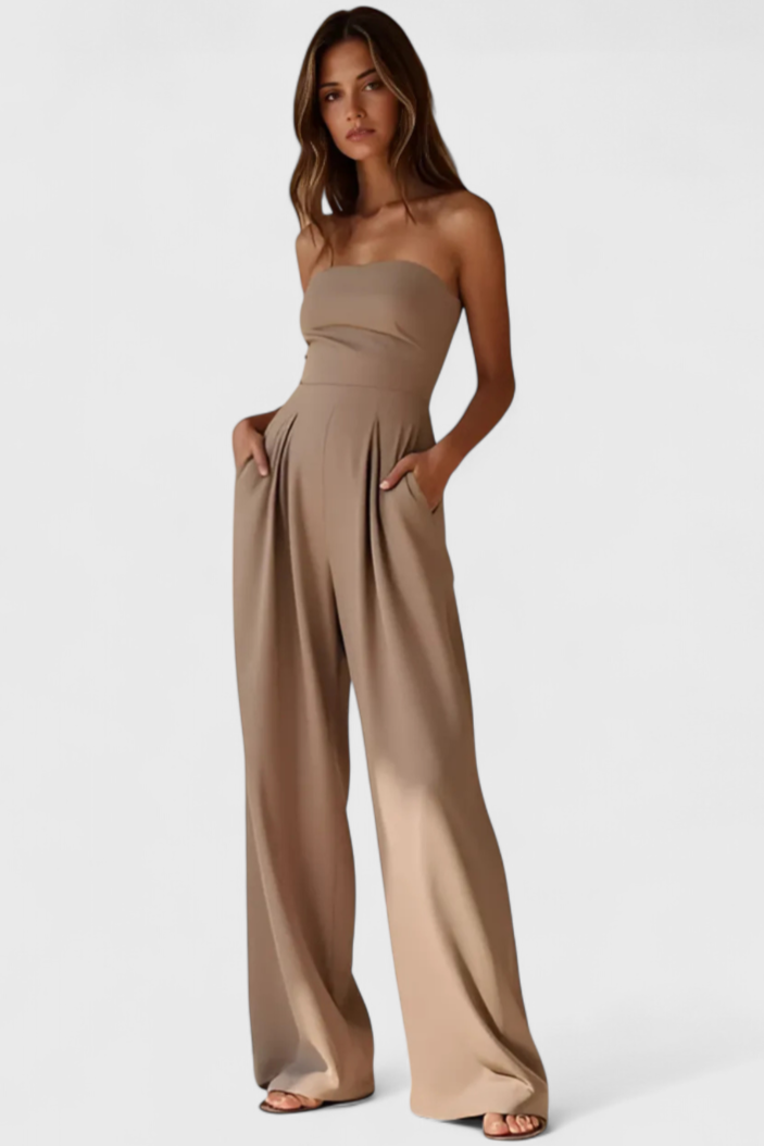 Structured Neckline Sleeveless Jumpsuit with Wide-Leg Pants by Llona