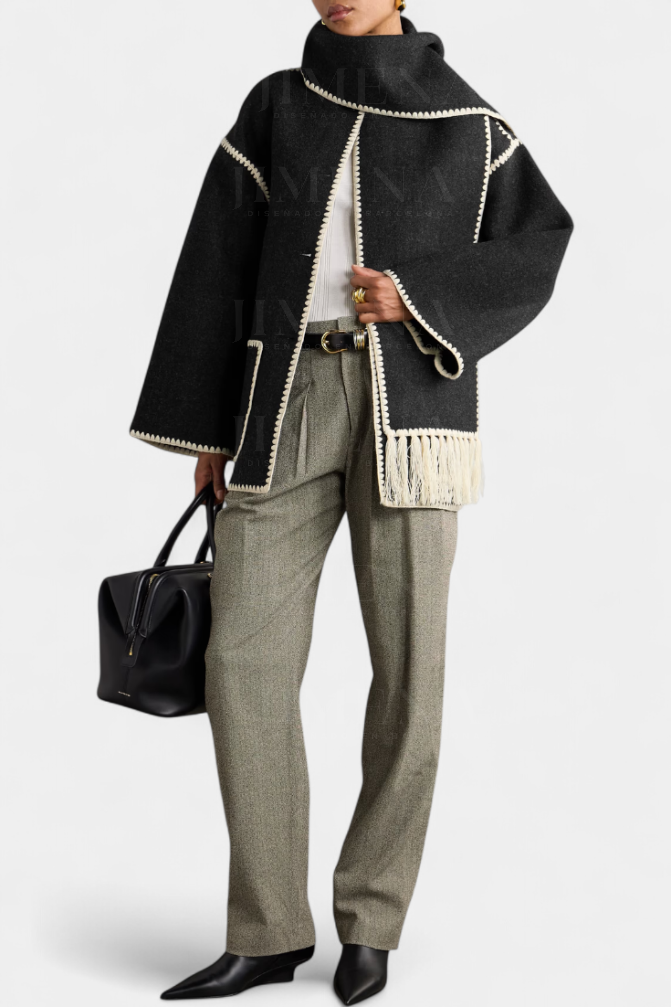 Pauline Coat Featuring Built-In Scarf and Flowing Design