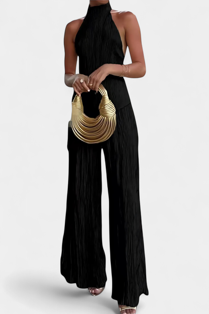 Pilarica Halter Neck Asymmetrical Top with Wide-Leg Pants Set