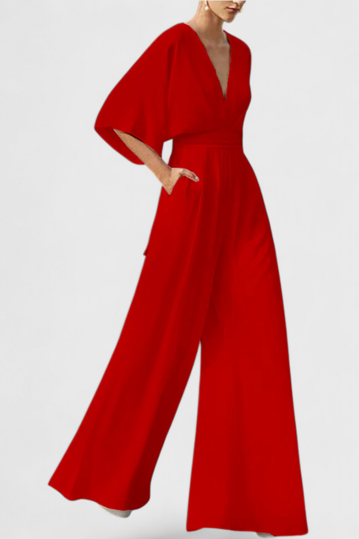 Isaura Chic Jumpsuit with Cape Sleeves and V-Neck Design