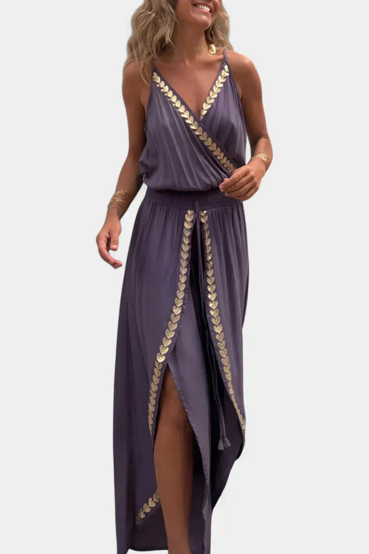 Donatila Backless Jumpsuit Featuring Elegant Gold Accents