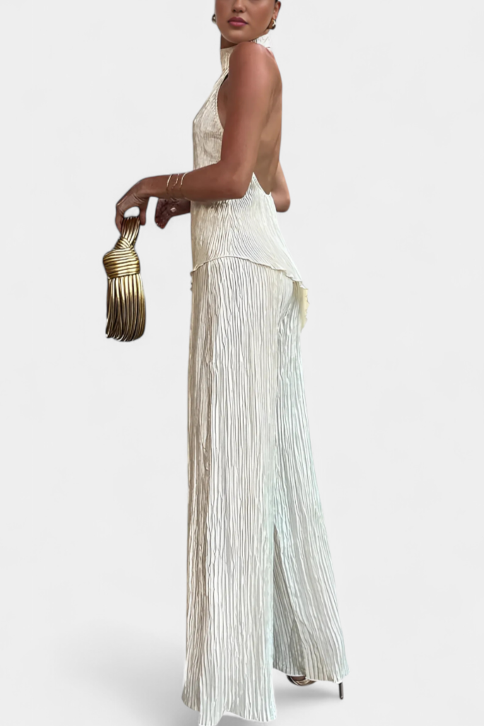 Pilarica Halter Neck Asymmetrical Top with Wide-Leg Pants Set
