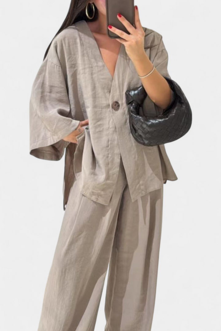 Eli V-Neck Top with Straight-Leg Pants Set