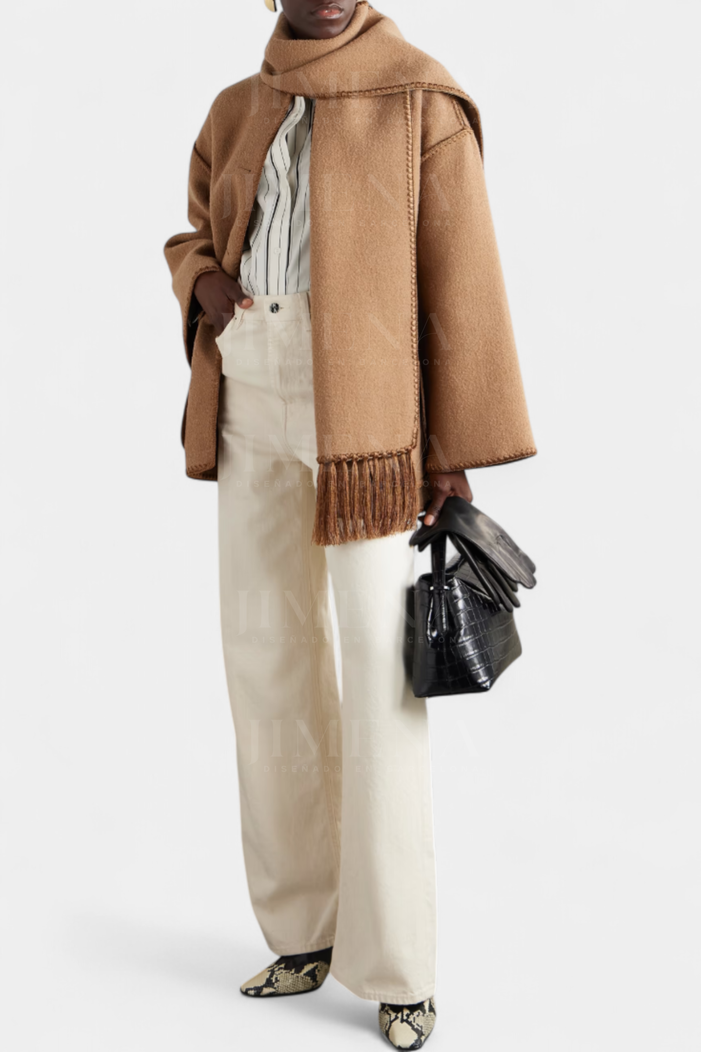 Pauline Coat Featuring Built-In Scarf and Flowing Design