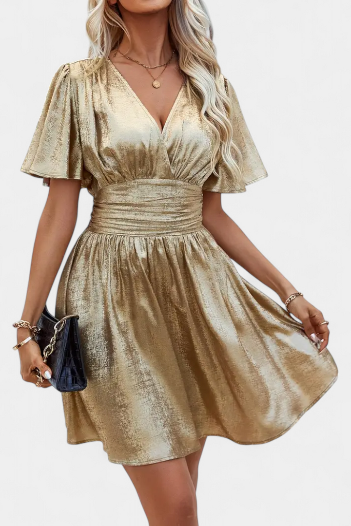 Adalee V-Neck Wrap Dress with Elegant Flowing Sleeves