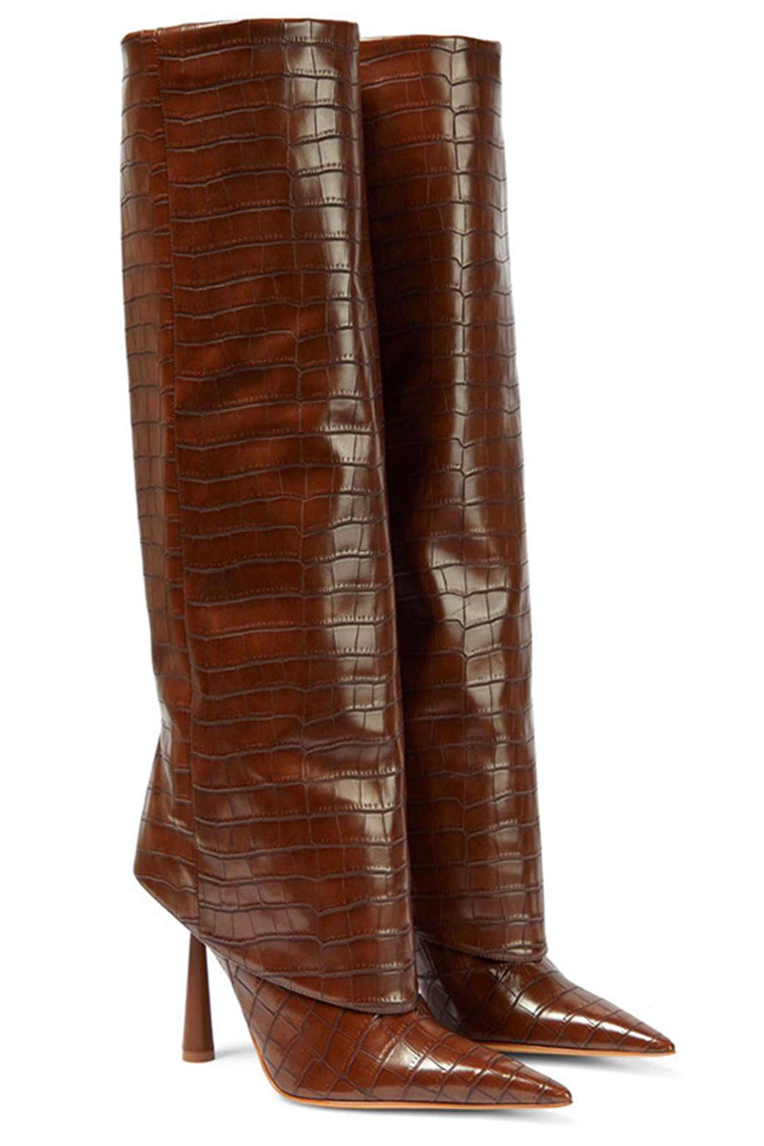 Pointed Toe High Heeled Boots in Crocodile-Patterned Synthetic Leather