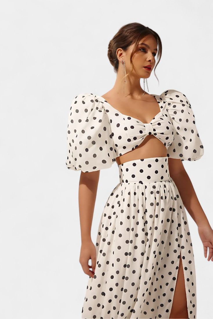Sherine Polka Dot Ensemble: Puff Sleeve Top with Front Slit Skirt