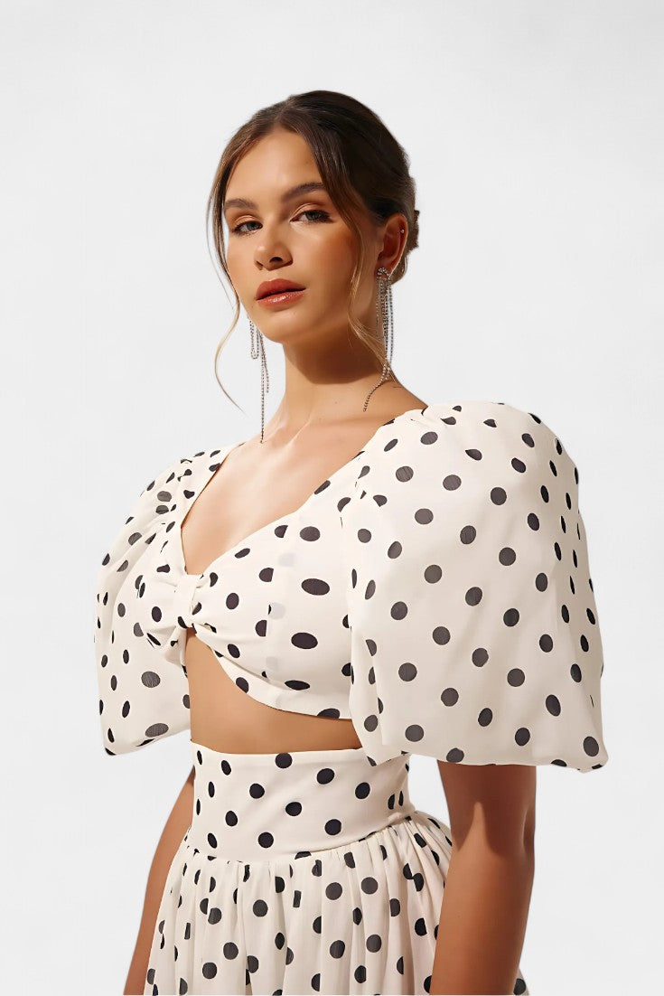 Sherine Polka Dot Ensemble: Puff Sleeve Top with Front Slit Skirt