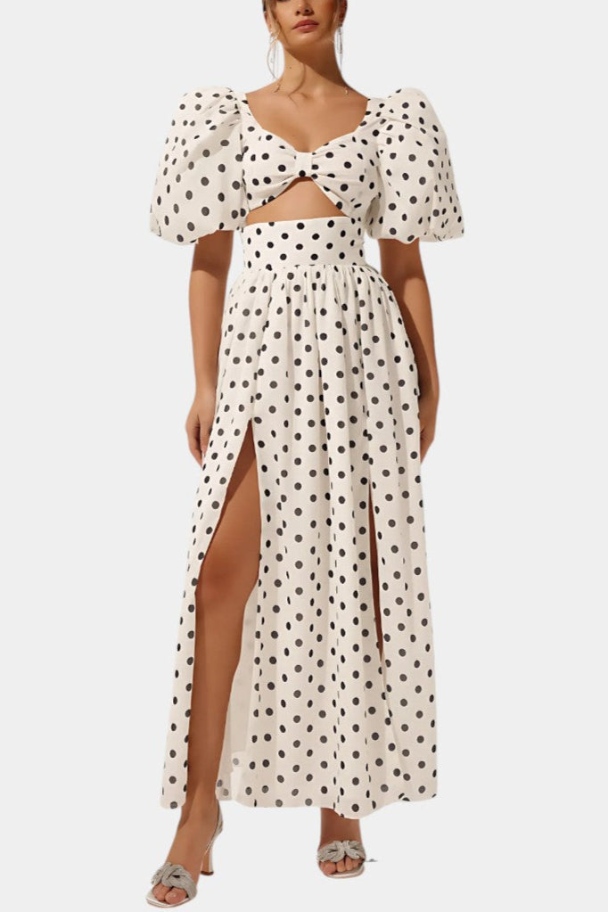Sherine Polka Dot Ensemble: Puff Sleeve Top with Front Slit Skirt