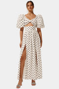 Sherine Polka Dot Ensemble: Puff Sleeve Top with Front Slit Skirt