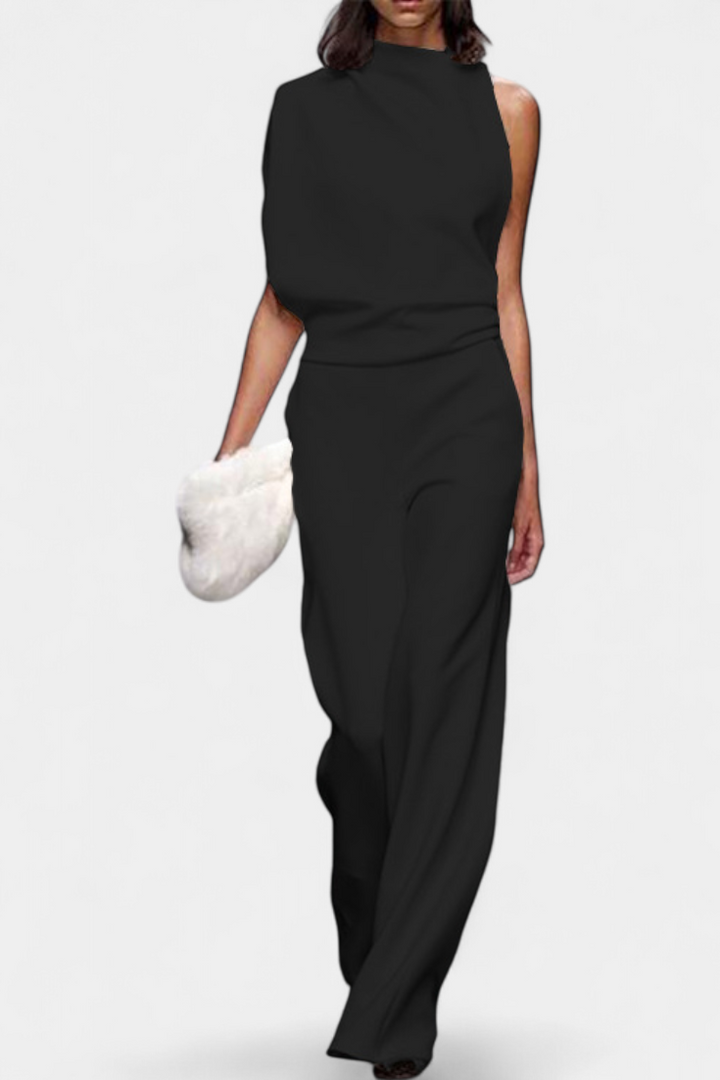 Asymmetrical One-Shoulder Jumpsuit with Flowing Legs by Etta