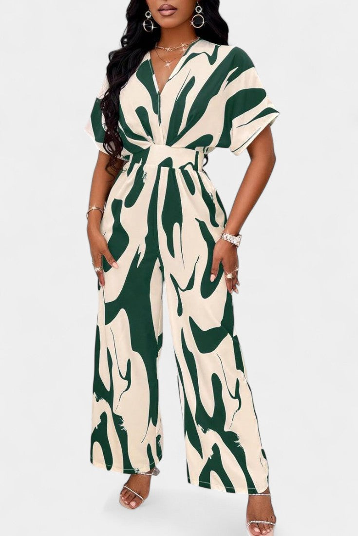 Zahara V-Neck Abstract Wide-Leg Jumpsuit
