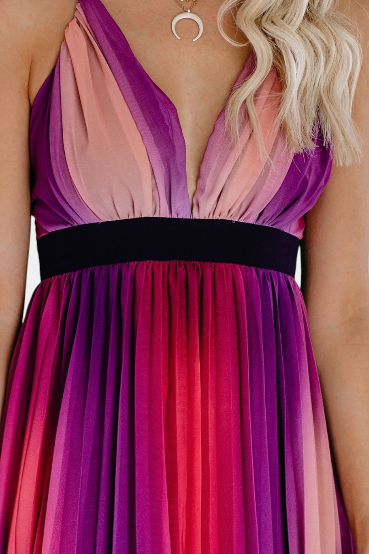 Cecilia V-Neck Backless Pleated Dress with Crisscross Straps and Stunning Gradient