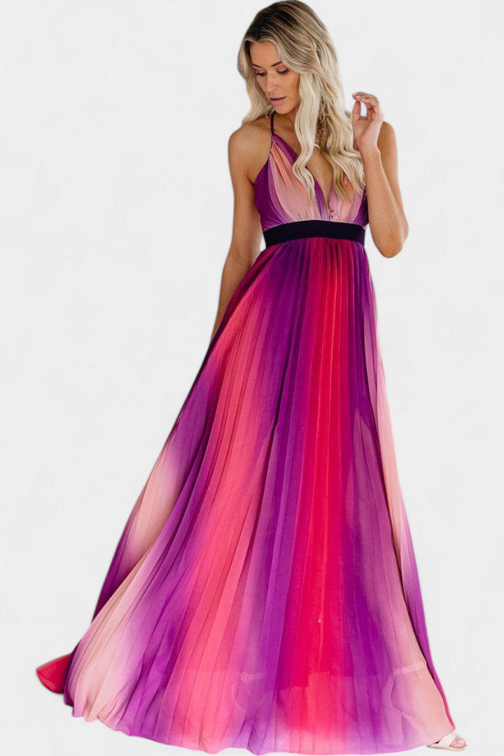 Cecilia V-Neck Backless Pleated Dress with Crisscross Straps and Stunning Gradient