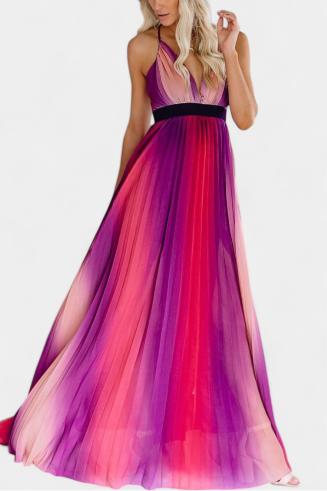 Cecilia V-Neck Backless Pleated Dress with Crisscross Straps and Stunning Gradient