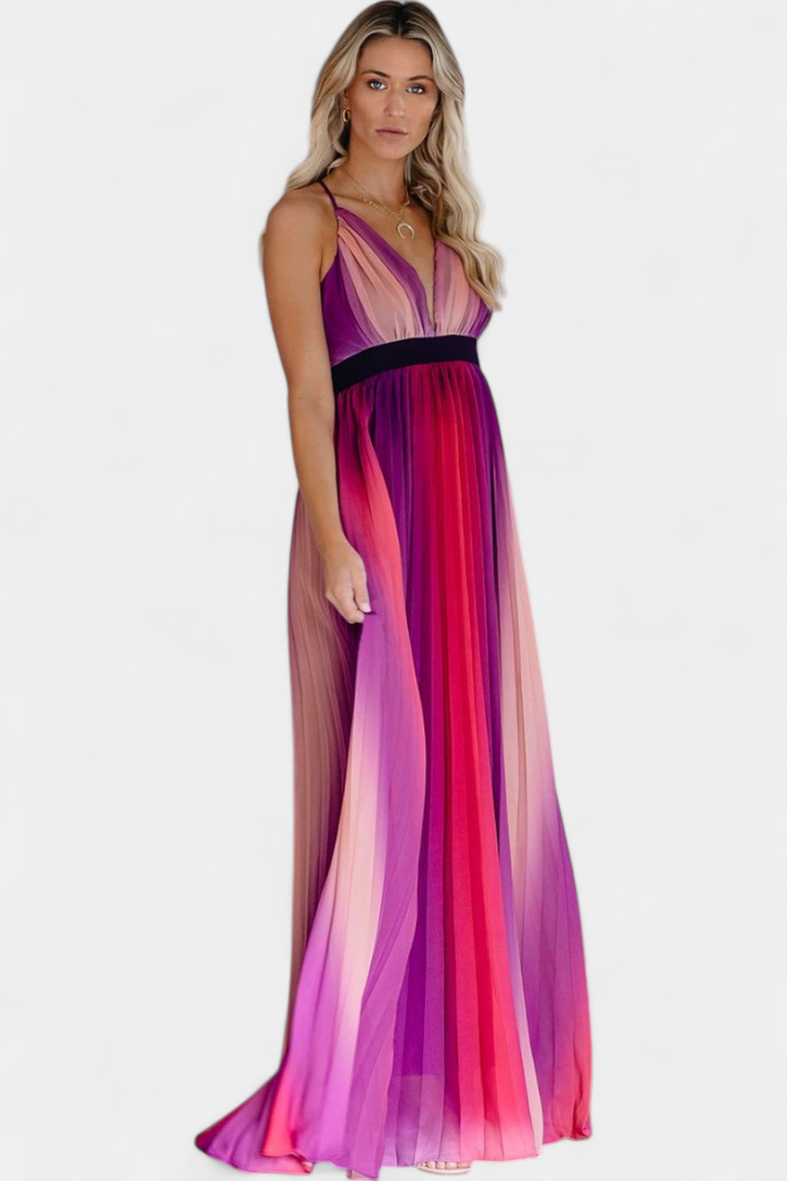 Cecilia V-Neck Backless Pleated Dress with Crisscross Straps and Stunning Gradient