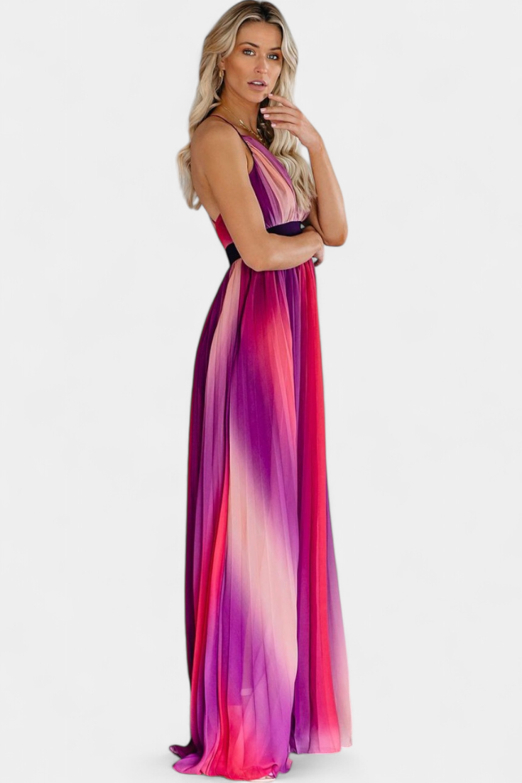 Cecilia V-Neck Backless Pleated Dress with Crisscross Straps and Stunning Gradient