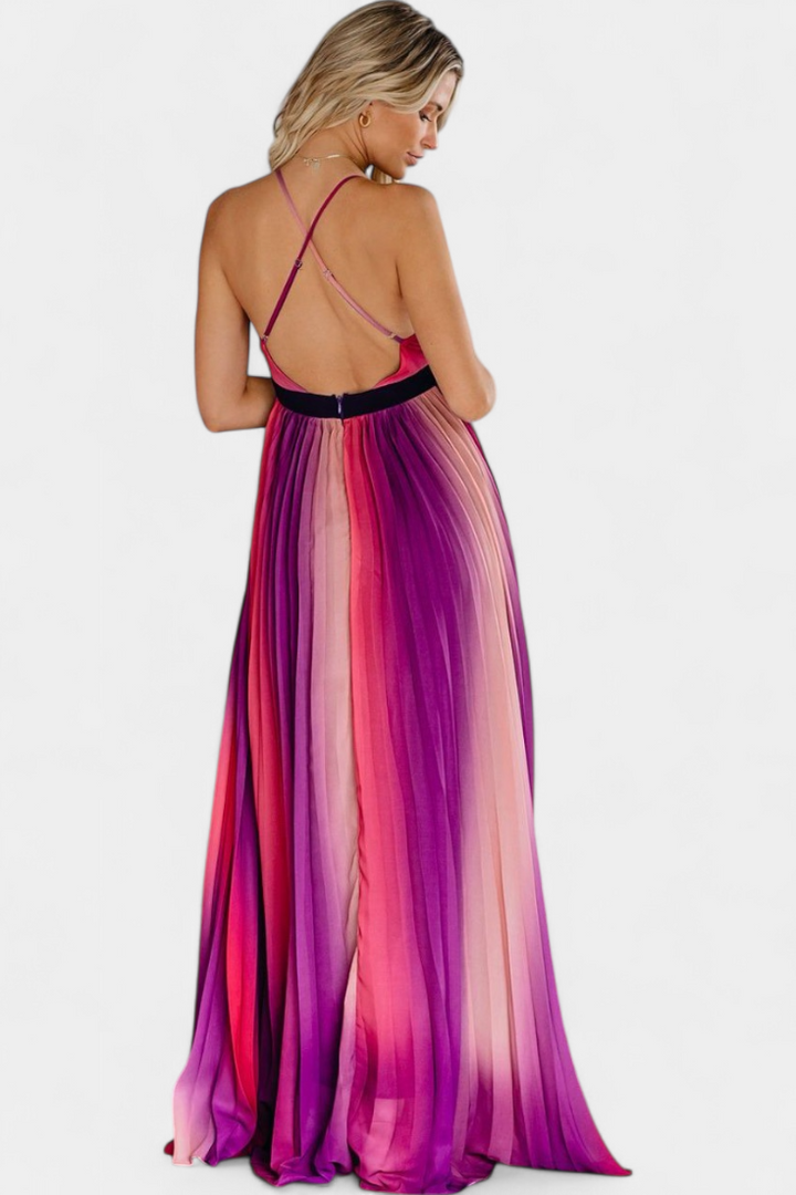 Cecilia V-Neck Backless Pleated Dress with Crisscross Straps and Stunning Gradient