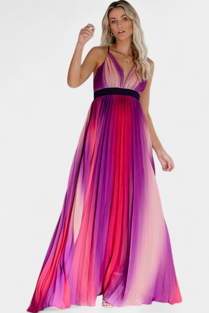 Cecilia V-Neck Backless Pleated Dress with Crisscross Straps and Stunning Gradient