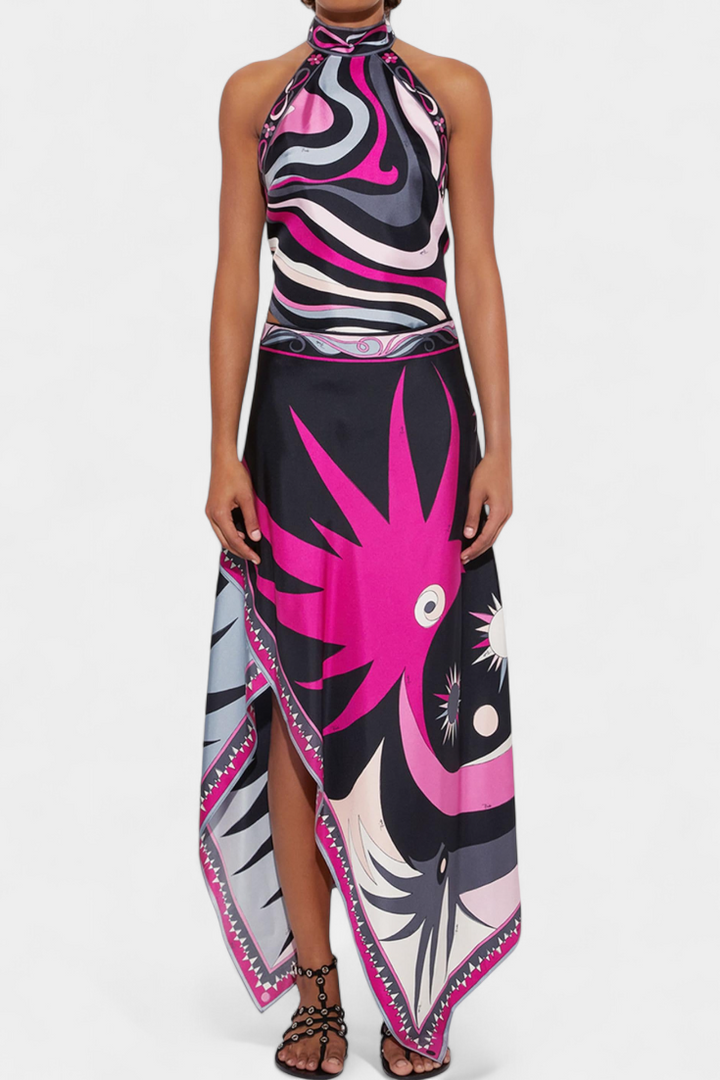Ciana Halter Top and A-Line Skirt Set in Black and Pink Abstract Design