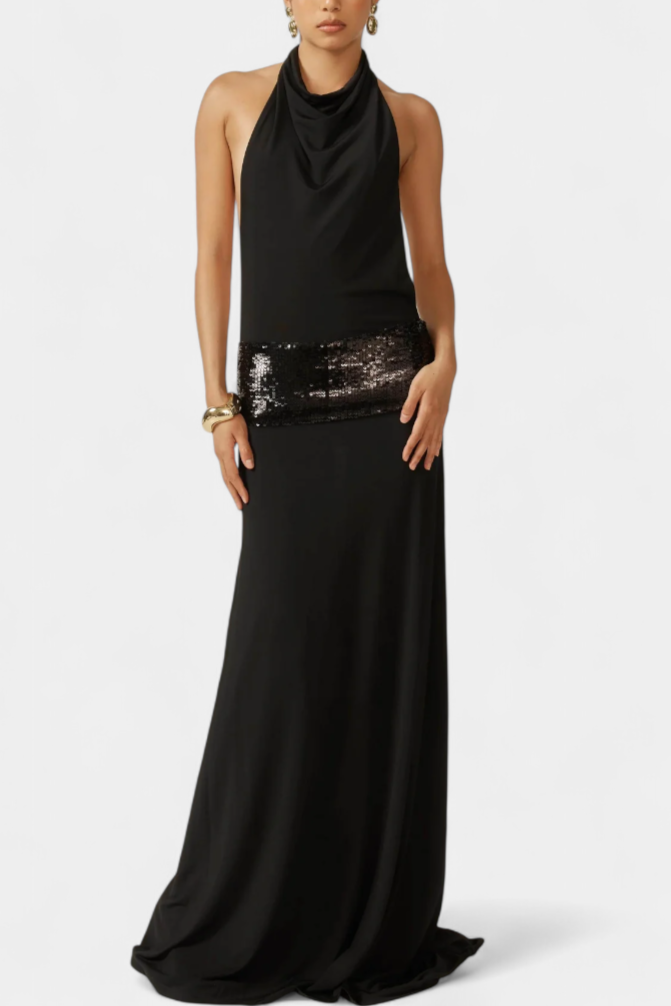Georgia Halter Dress with Open Back and Sequin Accents
