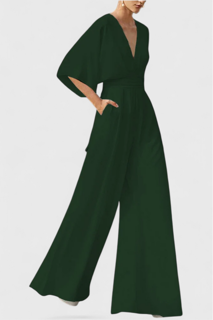 Isaura Chic Jumpsuit with Cape Sleeves and V-Neck Design