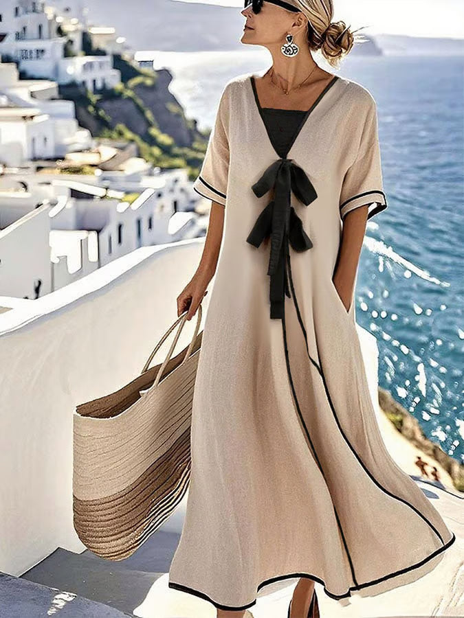 Victoria™ | Contrast Bow Maxi Dress for Timeless Coastal Elegance