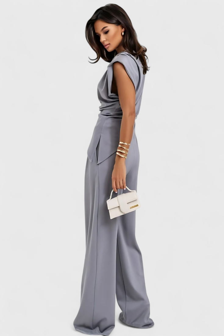 Sofia Asymmetrical Set with Draped Shoulders and Flared Pants