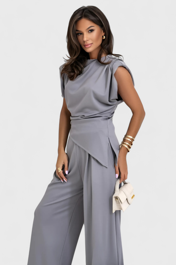 Sofia Asymmetrical Set with Draped Shoulders and Flared Pants