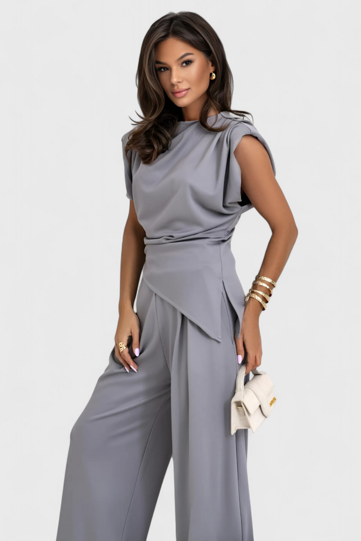 Sofia Asymmetrical Set with Draped Shoulders and Flared Pants
