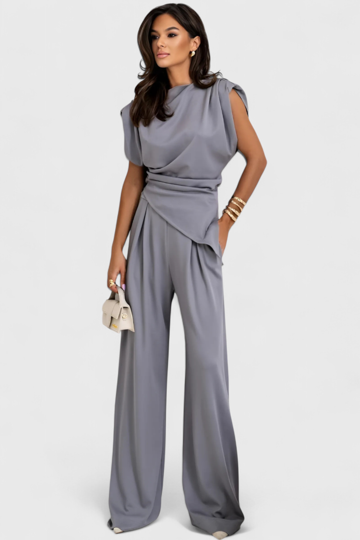 Sofia Asymmetrical Set with Draped Shoulders and Flared Pants