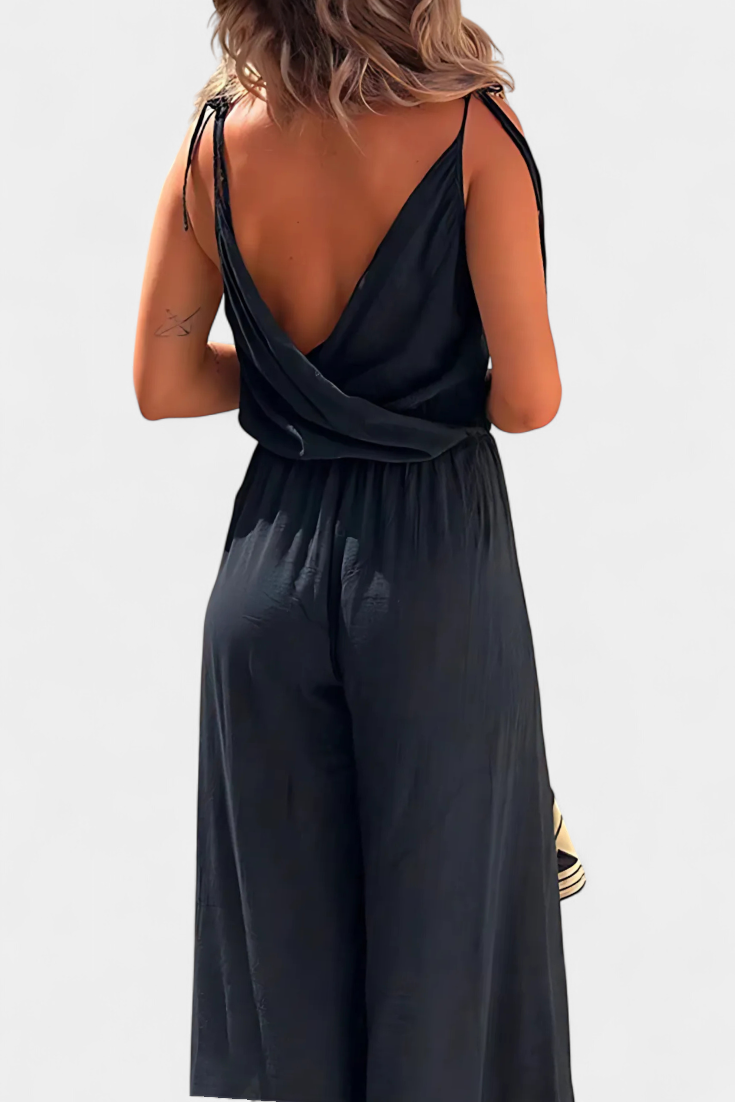 Donatila Washed Cotton Jumpsuit with Crisscross Neckline and Open Legs