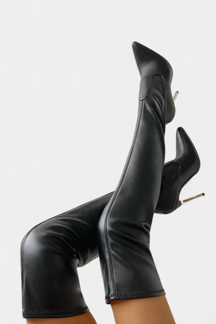 Fianna Stretch Thigh-High Boots featuring Gold Heel and Back Zipper