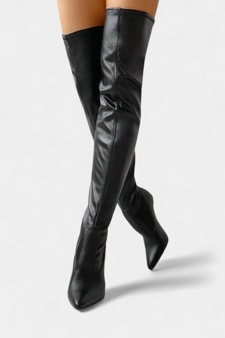 Fianna Stretch Thigh-High Boots featuring Gold Heel and Back Zipper