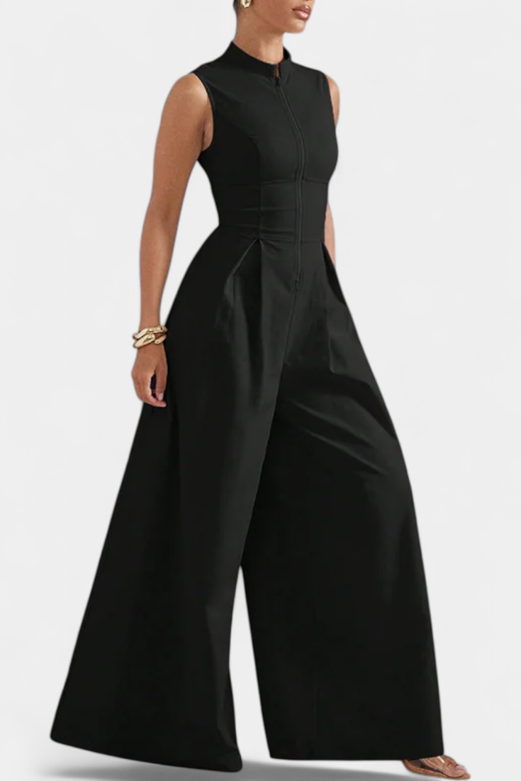 Blanca Pleated Wide Leg Jumpsuit with Round Neck