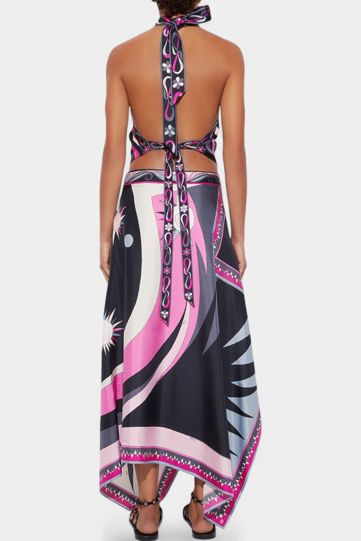 Ciana Halter Top and A-Line Skirt Set in Black and Pink Abstract Design