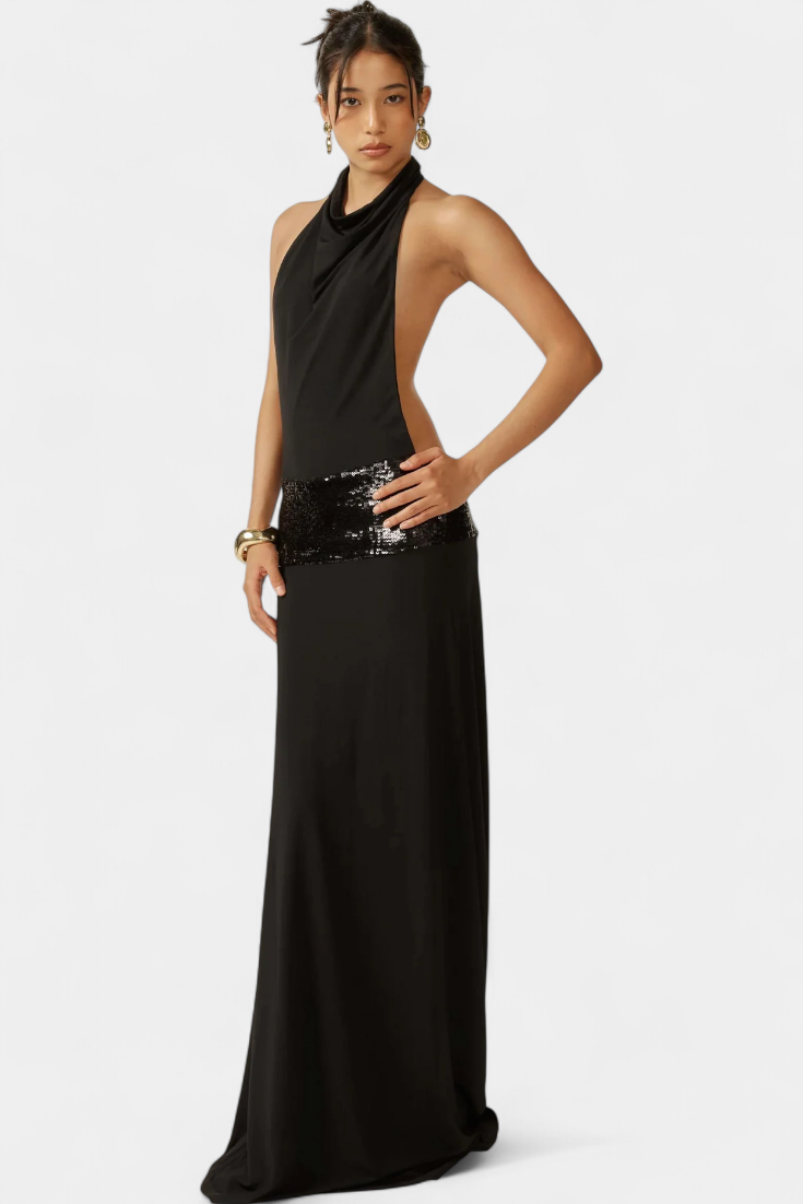 Georgia Halter Dress with Open Back and Sequin Accents
