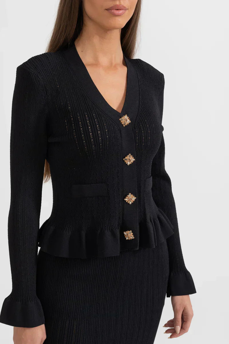 Prudence Knit Ensemble: Ruffled Cardigan and Flared Midi Skirt