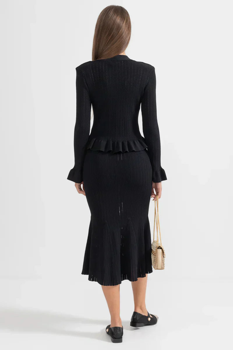 Prudence Knit Ensemble: Ruffled Cardigan and Flared Midi Skirt